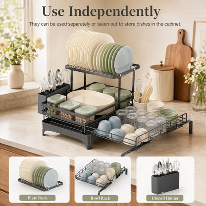 2-Tier Over Sink Dish Drying Rack, Foldable Pull-Out Drainer, Small Kitchen Organizer