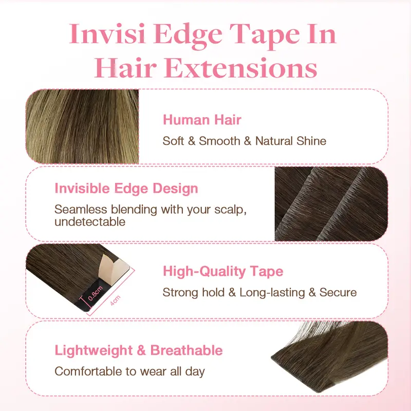 Tape in Human Hair Extensions, Straight Seamless Tape Ins, 20pcs 50g