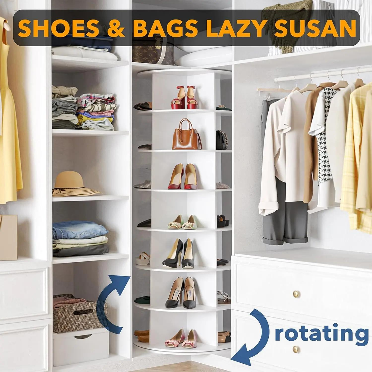 7 Tier Rotating Shoe Rack Tower, 360° Spinning Storage Carousel, Freestanding Organizer