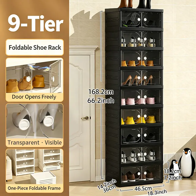 Foldable Shoe Cabinet, 9-Tier Stackable Shoe Rack with Clear Door, No Assembly Shoe Storage Organizer