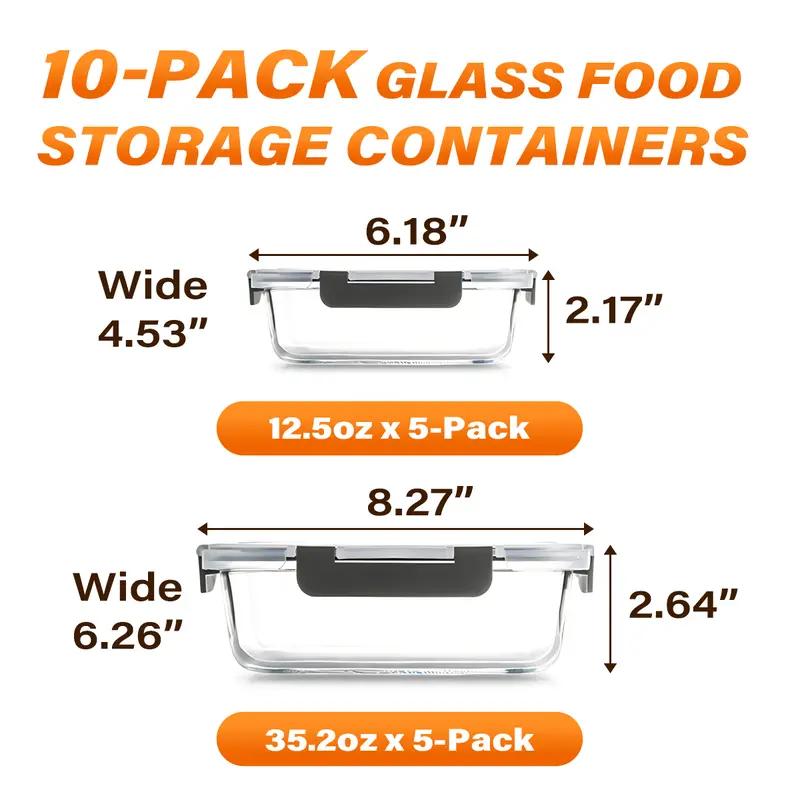 10-Pack Glass Food Storage Containers with Lids, BPA-Free Leak-Proof Airtight Glass Meal Prep Containers, Microwave Oven Freezer Safe, Stackable Glass Lunch Containers for Kitchen