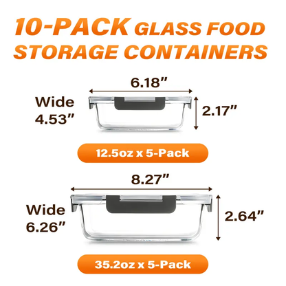 10-Pack Glass Food Storage Containers with Lids, BPA-Free Leak-Proof Airtight Glass Meal Prep Containers, Microwave Oven Freezer Safe, Stackable Glass Lunch Containers for Kitchen