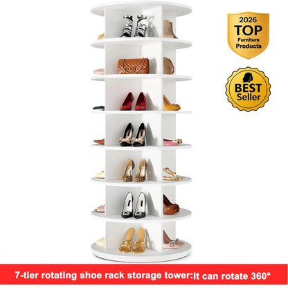 7 Tier Rotating Shoe Rack Tower, 360° Spinning Storage Carousel, Freestanding Organizer