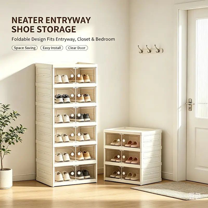Foldable Shoe Cabinet, 9-Tier Stackable Shoe Rack with Clear Door, No Assembly Shoe Storage Organizer