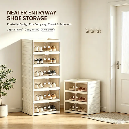 Foldable Shoe Cabinet, 9-Tier Stackable Shoe Rack with Clear Door, No Assembly Shoe Storage Organizer