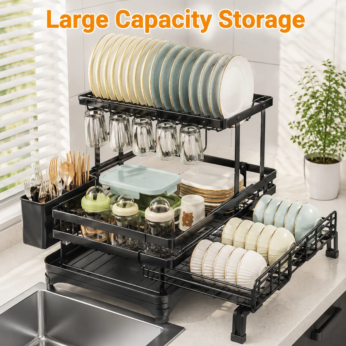 2-Tier Over Sink Dish Drying Rack, Foldable Pull-Out Drainer, Small Kitchen Organizer