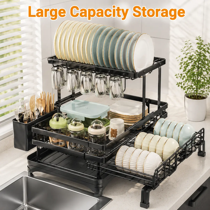 2-Tier Over Sink Dish Drying Rack, Foldable Pull-Out Drainer, Small Kitchen Organizer