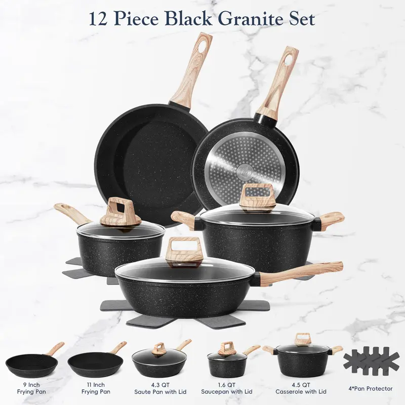 12-Piece Nonstick Granite Cookware Set, Pots and Pans Set, Induction Compatible Kitchen Cookware