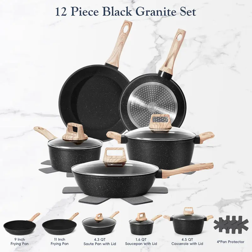 12-Piece Nonstick Granite Cookware Set, Pots and Pans Set, Induction Compatible Kitchen Cookware