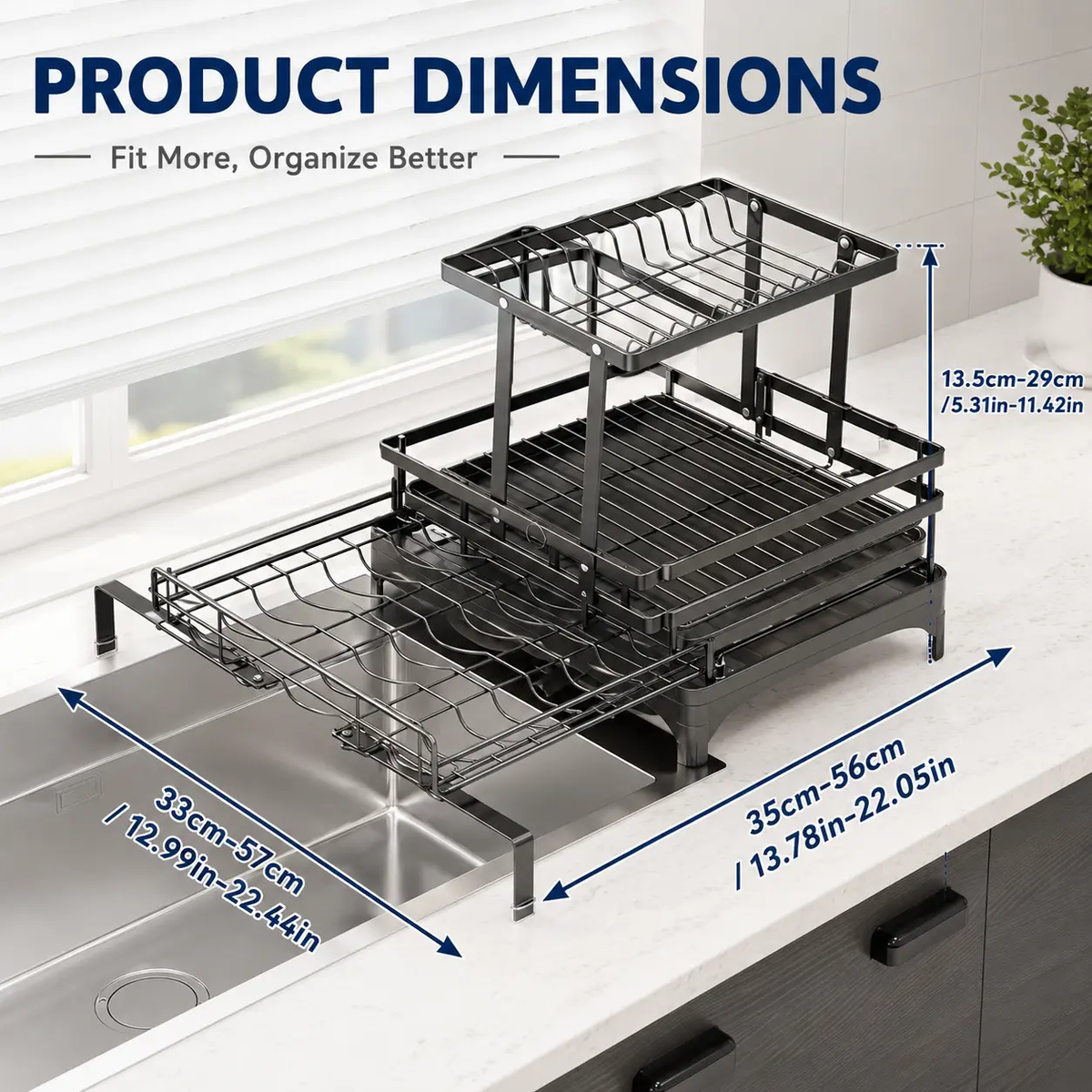 2-Tier Over Sink Dish Drying Rack, Foldable Pull-Out Drainer, Small Kitchen Organizer