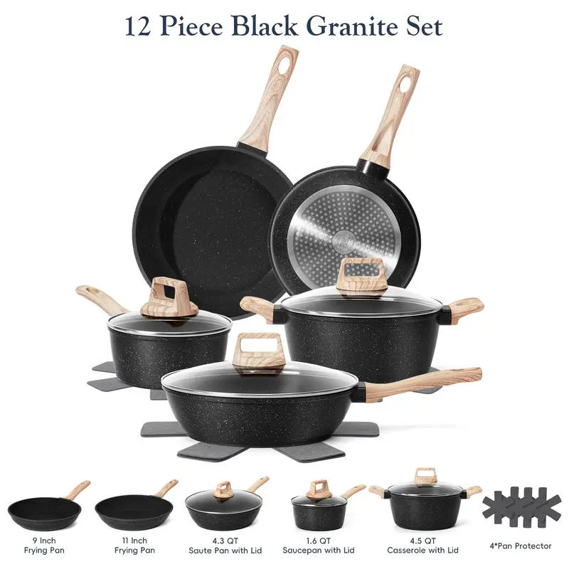 12-Piece Nonstick Granite Cookware Set, Pots and Pans Set, Induction Compatible Kitchen Cookware