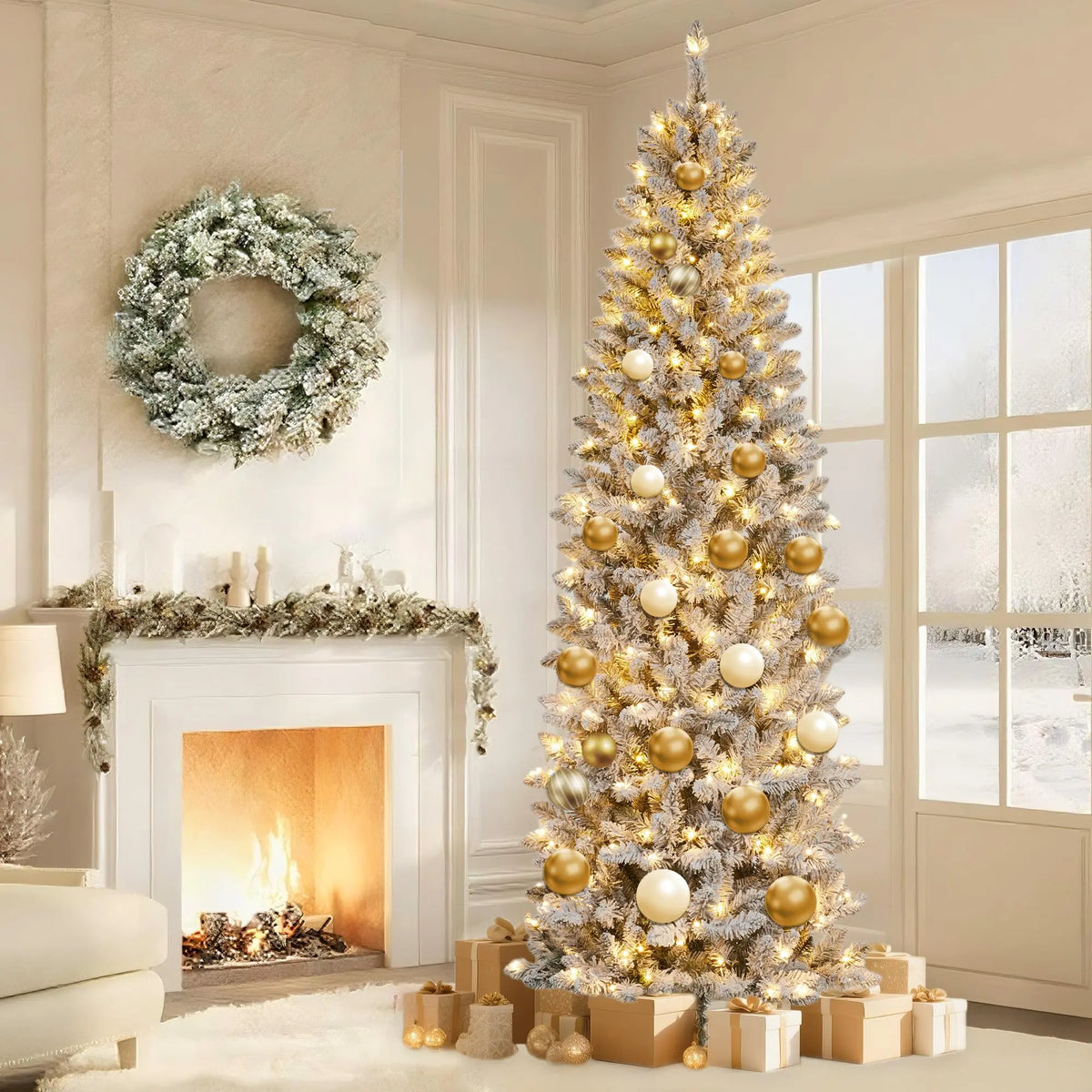 Pre-Lit Flocked Pencil Christmas Tree