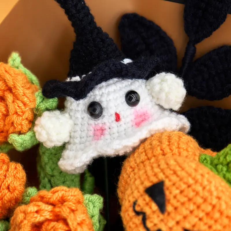 Crochet Halloween Flower Bouquet, Pumpkin Ghost Knitted Rose Bouquet, Forever Flowers Gift