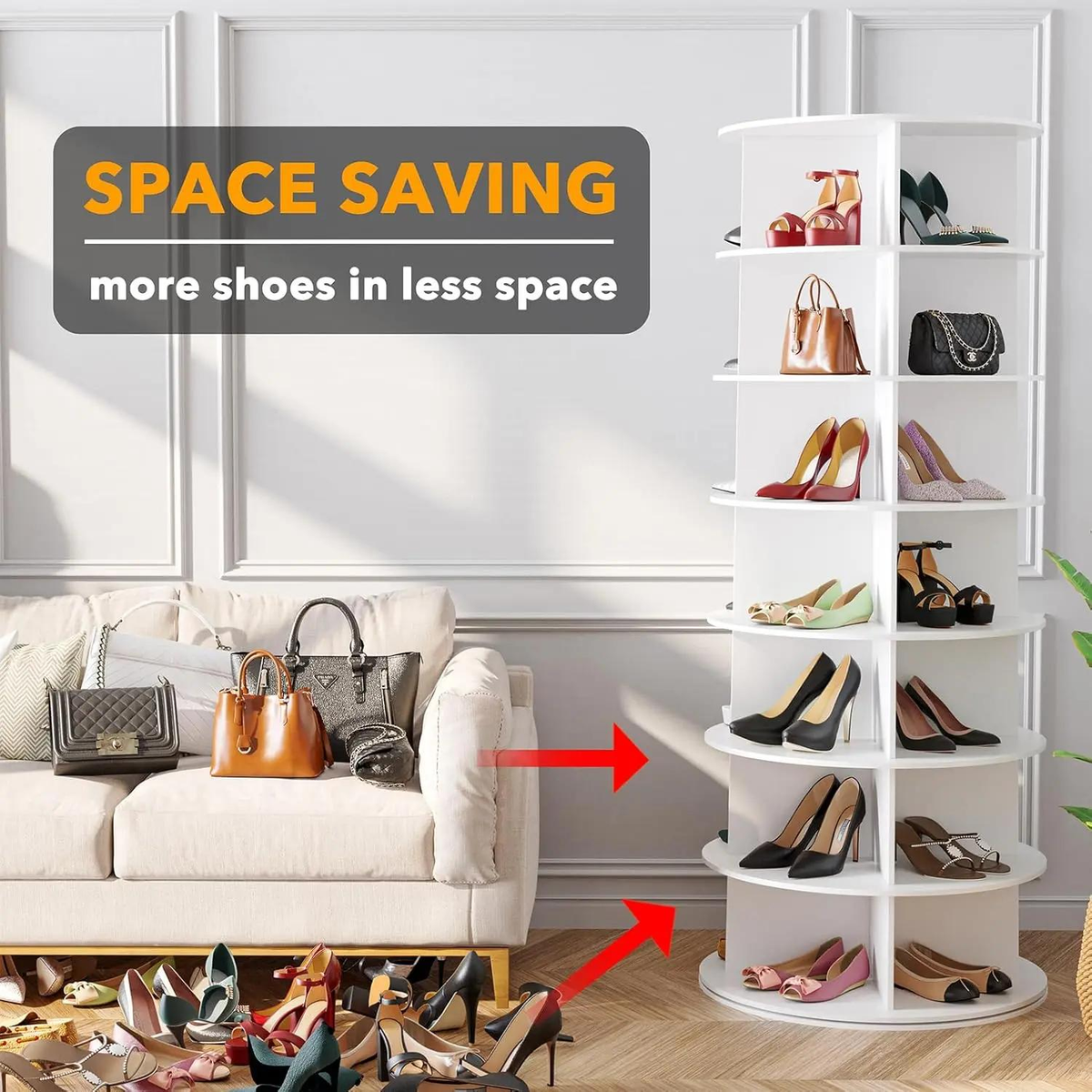 7 Tier Rotating Shoe Rack Tower, 360° Spinning Storage Carousel, Freestanding Organizer