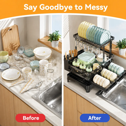 2-Tier Over Sink Dish Drying Rack, Foldable Pull-Out Drainer, Small Kitchen Organizer