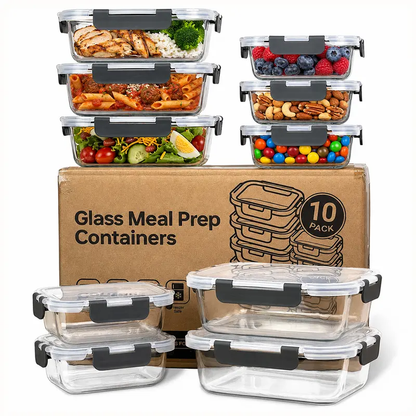 10-Pack Glass Food Storage Containers with Lids, BPA-Free Leak-Proof Airtight Glass Meal Prep Containers, Microwave Oven Freezer Safe, Stackable Glass Lunch Containers for Kitchen