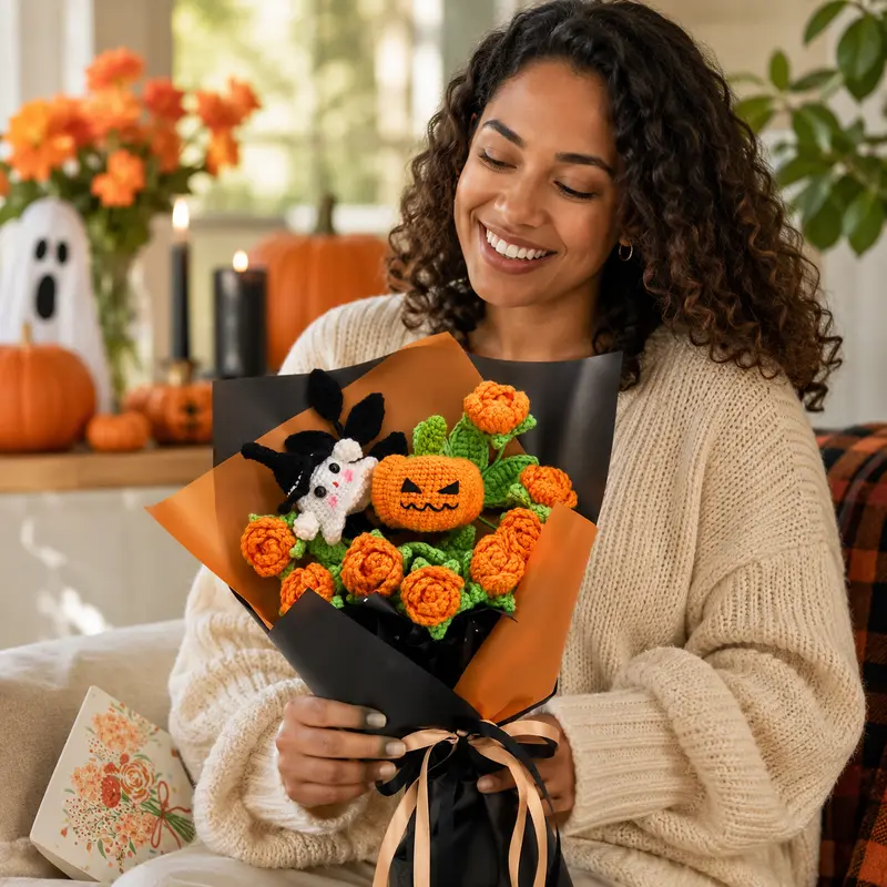 Crochet Halloween Flower Bouquet, Pumpkin Ghost Knitted Rose Bouquet, Forever Flowers Gift