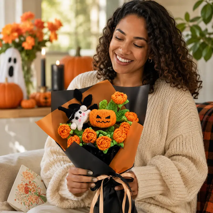 Crochet Halloween Flower Bouquet, Pumpkin Ghost Knitted Rose Bouquet, Forever Flowers Gift