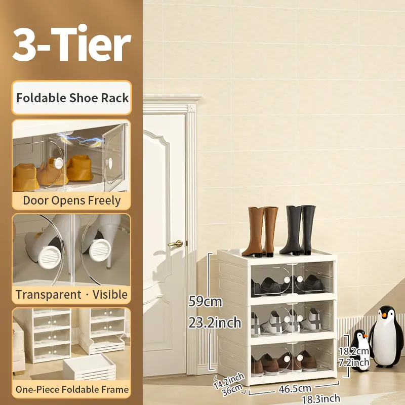 Foldable Shoe Cabinet, 9-Tier Stackable Shoe Rack with Clear Door, No Assembly Shoe Storage Organizer