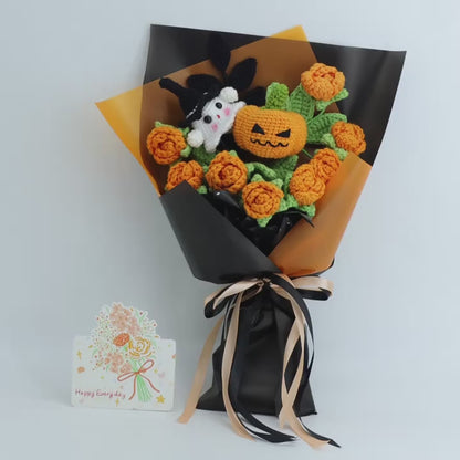 Crochet Halloween Flower Bouquet, Pumpkin Ghost Knitted Rose Bouquet, Forever Flowers Gift